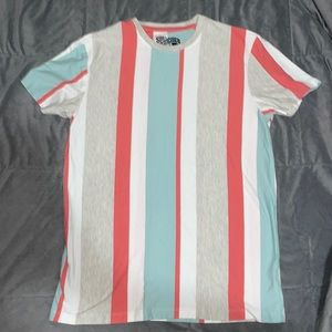 Peach, baby blue and light grey striped tee.